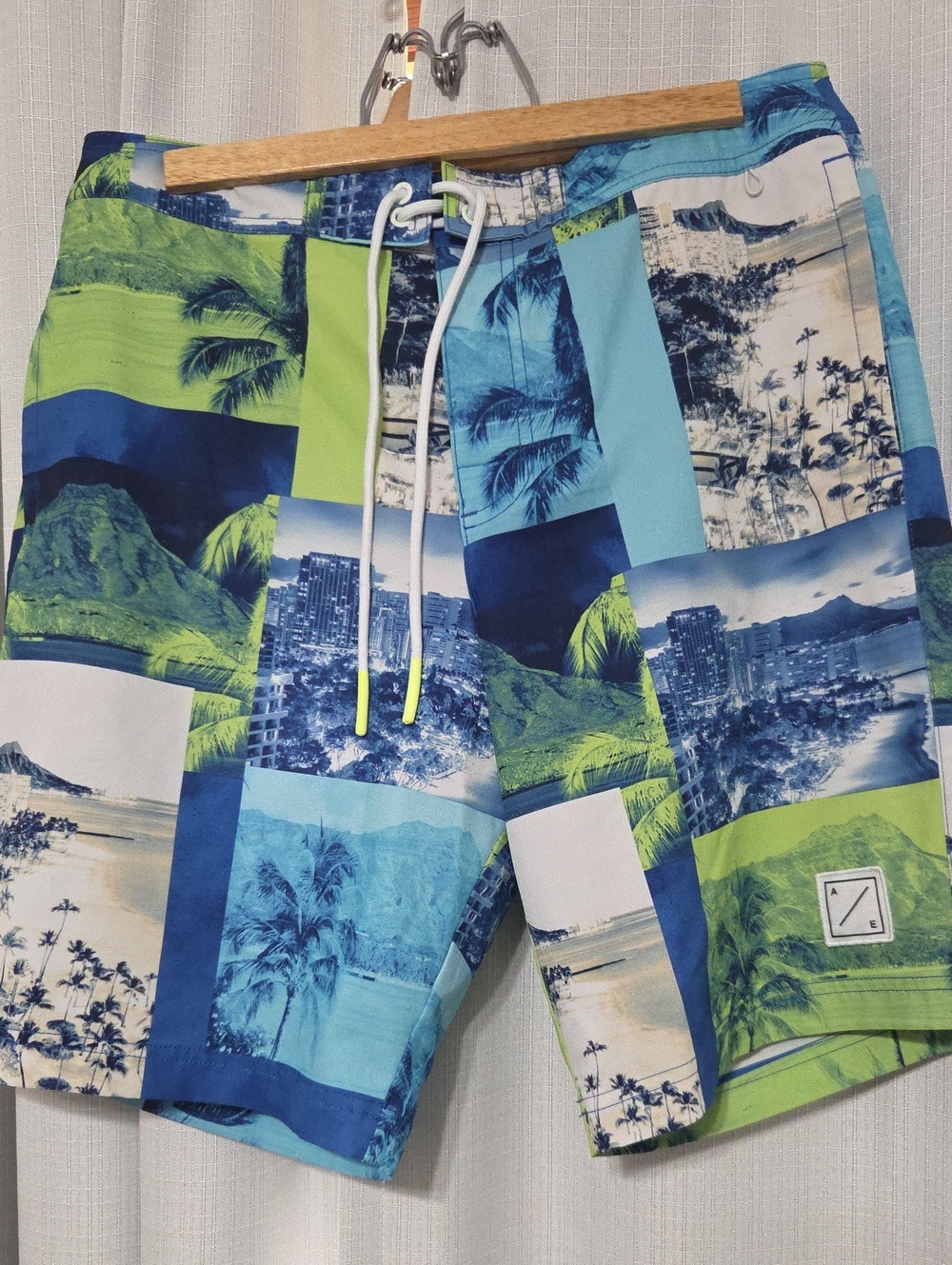 American Eagle Outfitters Blue & Green Patchwork Board- Swim Shorts